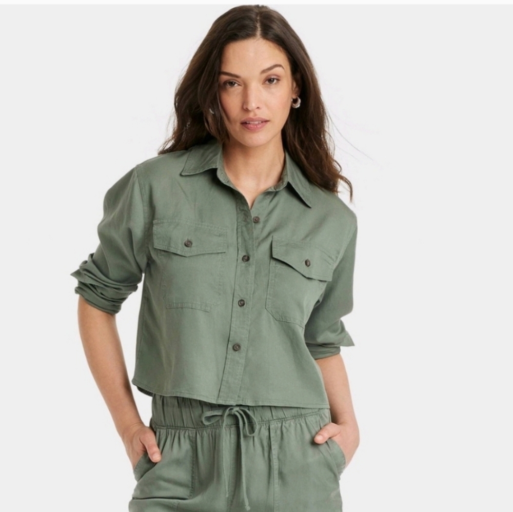 Women Utility Long Sleeve Collared Button-Down Shirt Universal Thread Olive XXL